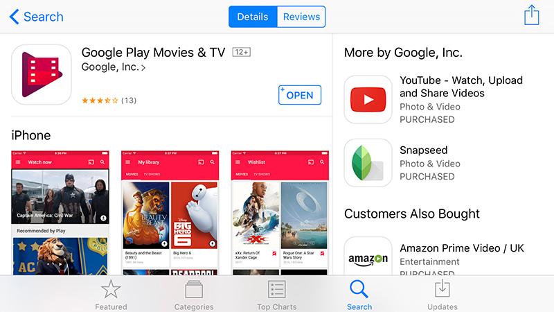 If you’re heavily invested in purchases from Google Play Movies & TV, there is an iOS version. Image: Screenshot